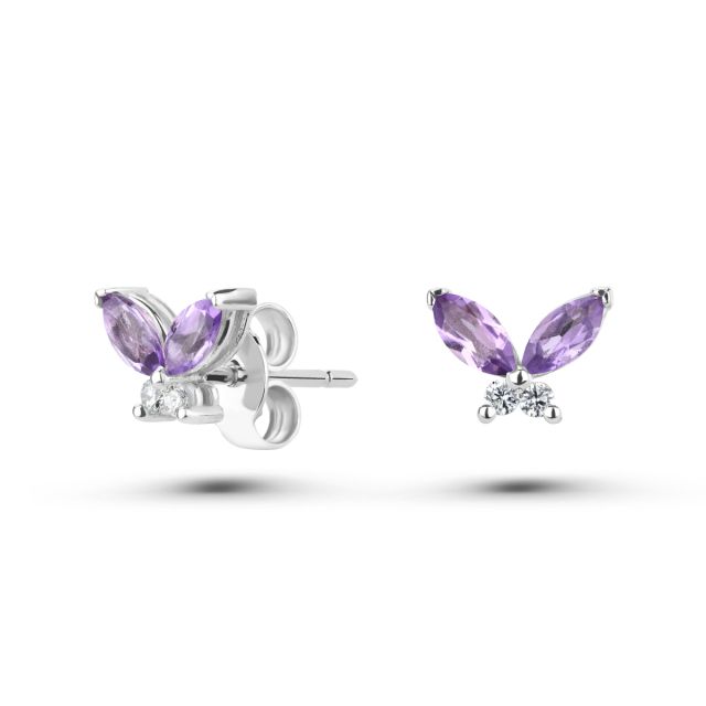 Cercei fluture Morpho din aur de 18K cu trei ametiste marchiză și diamante