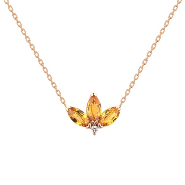 Colier Peony din aur alb de 18K cu trei safire portocalii marchiză și diamant