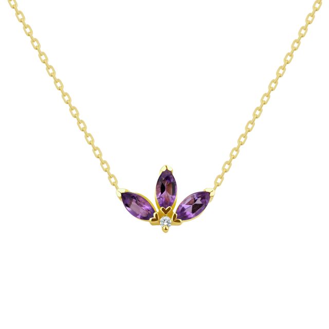 Colier Peony din aur de 18K cu trei ametiste marchiză și diamant