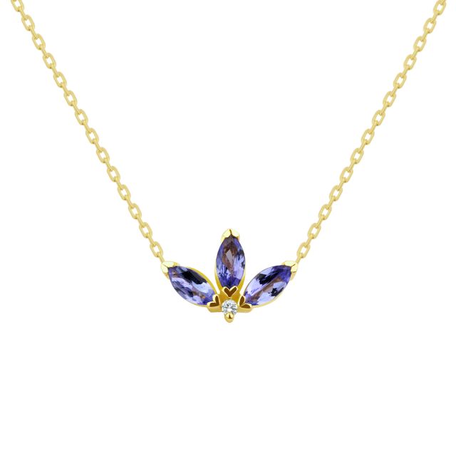 Colier Peony din aur de 18K cu trei tanzanite marchiză și diamant