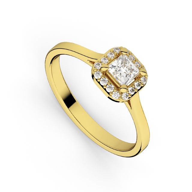 Inel de logodnă DR407 din aur galben de 18K cu diamant cu tăietură princess și diamante rotunde (0,600 ct, Certificat GIA)