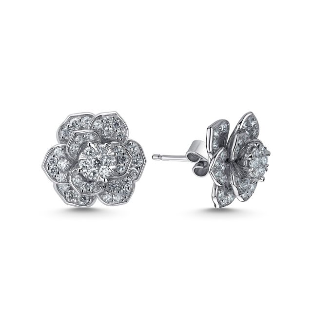 Cercei floare Rose din aur alb de 14K cu diamante (1,047 ct)