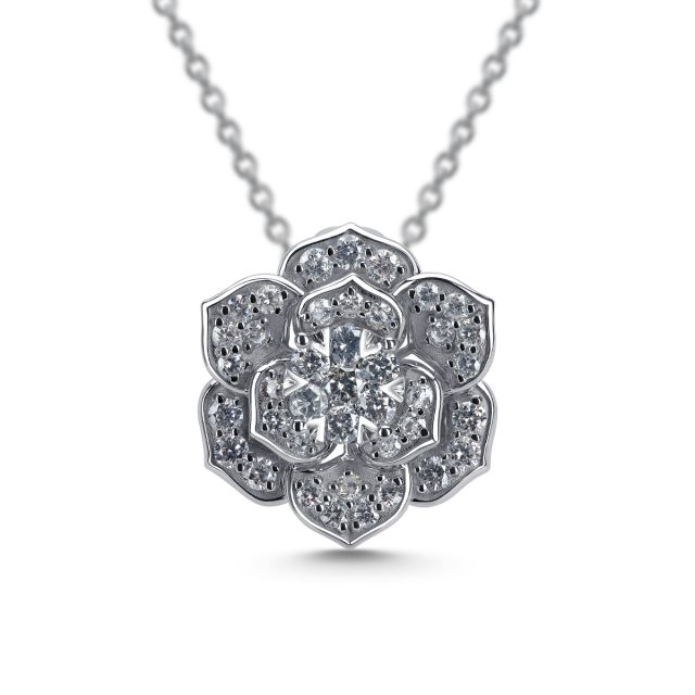 Pandantiv floare Rose din aur alb de 14K cu diamante (1,000 ct)