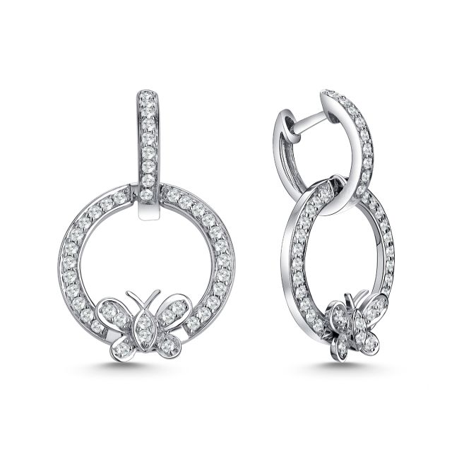 Cercei lungi din aur alb de 14K cu fluturi cu diamante (0,492 ct)