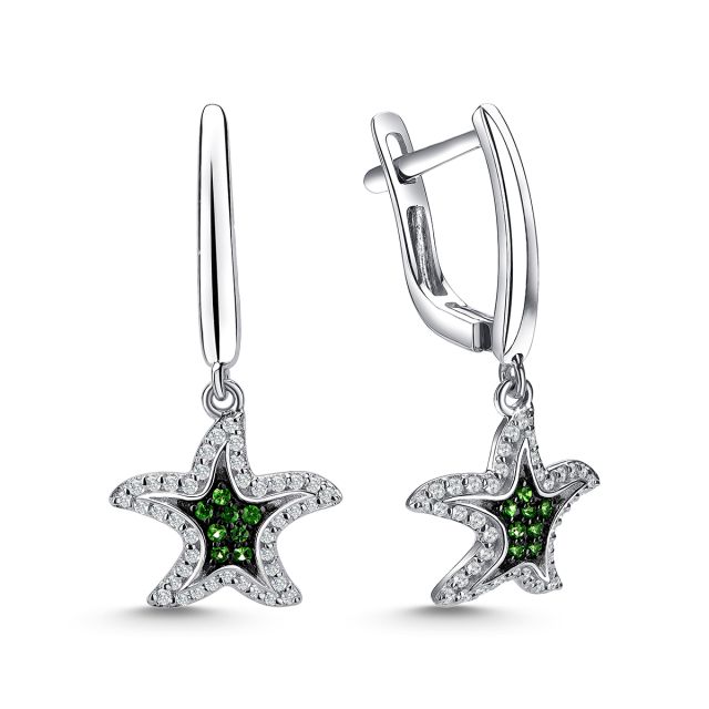 Cercei lungi cu stea de mare din aur alb de 14K cu granate verzi și diamante