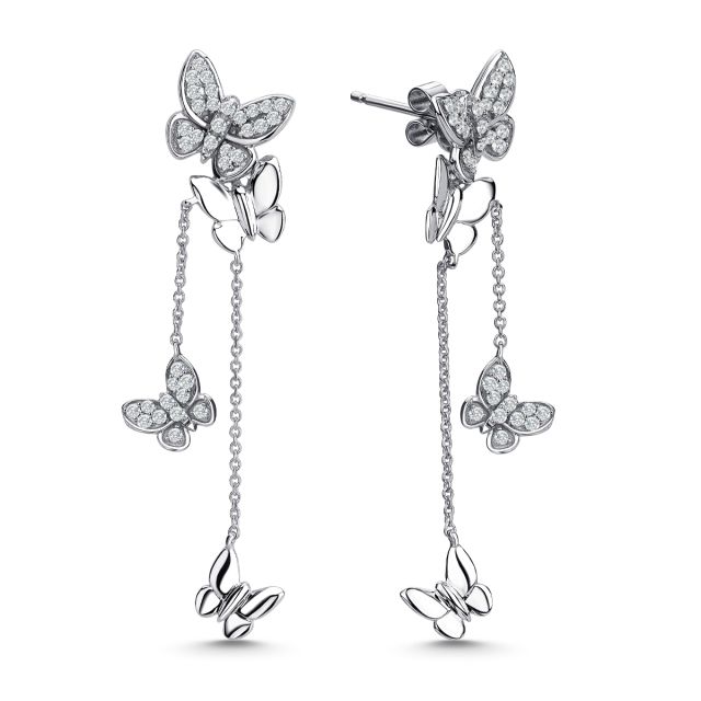 Cercei lungi din aur alb de 14K cu fluturi cu diamante (0,35 ct)