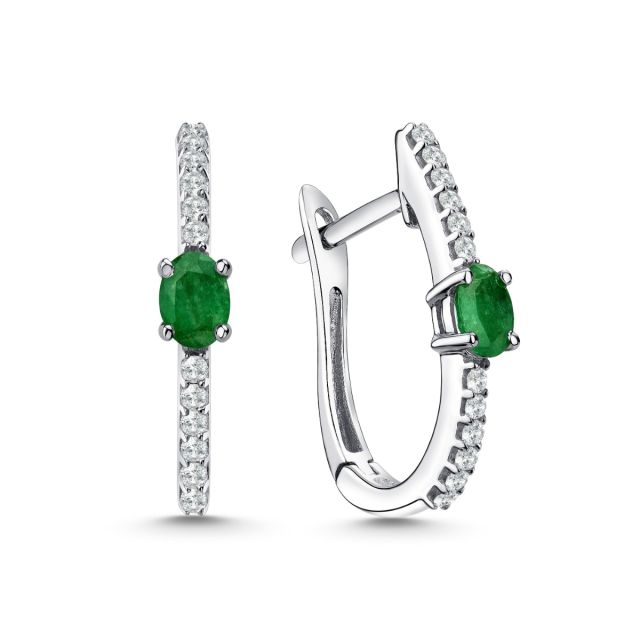 Cercei din aur alb de 14K cu smaralde ovale și diamante