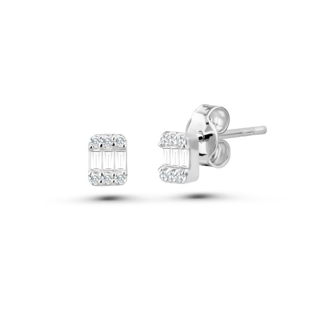 Cercei din aur alb de 14K cu diamante baghetă și rotunde (0,15 ct)