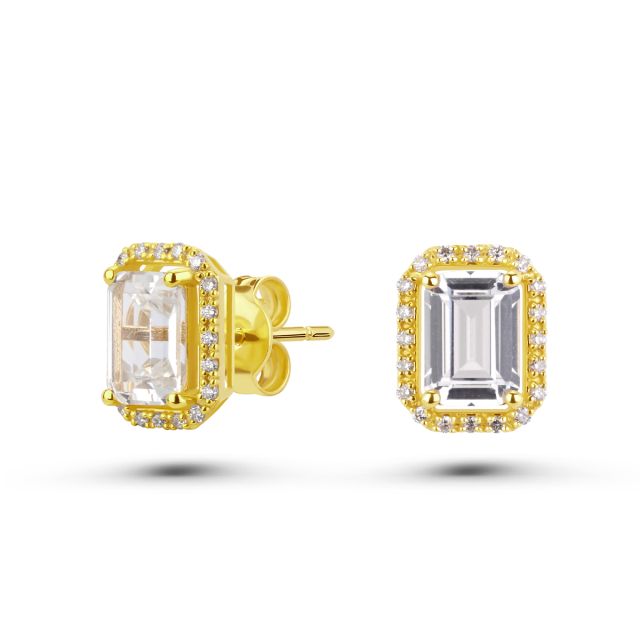 Cercei din aur galben de 14K cu safire albe cu tăietură emerald și diamante