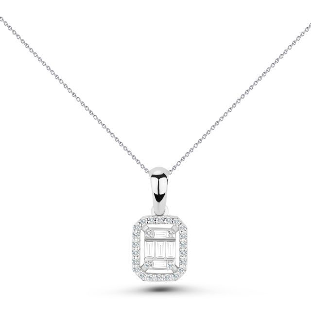 Lanț cu pandantiv din aur alb de 14K cu diamante baghetă și rotunde (0,16 ct)