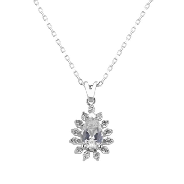Lanț cu pandantiv din aur alb de 14K cu safir alb lacrimă și diamante