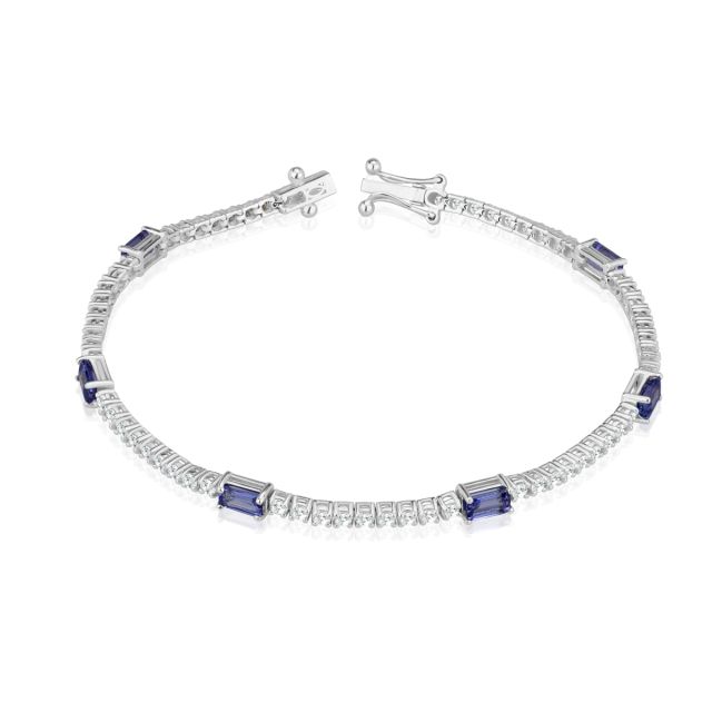 Brățară tennis din aur alb de 14K cu tanzanite cu tăietură emerald și diamante