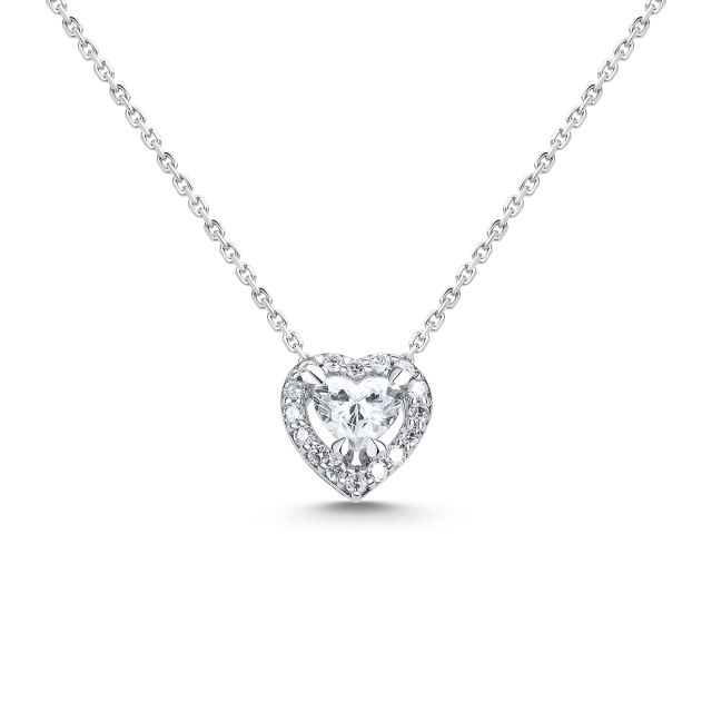 Lanț cu pandantiv din aur alb de 18K cu diamant inimă și diamante rotunde (0,53 ct)
