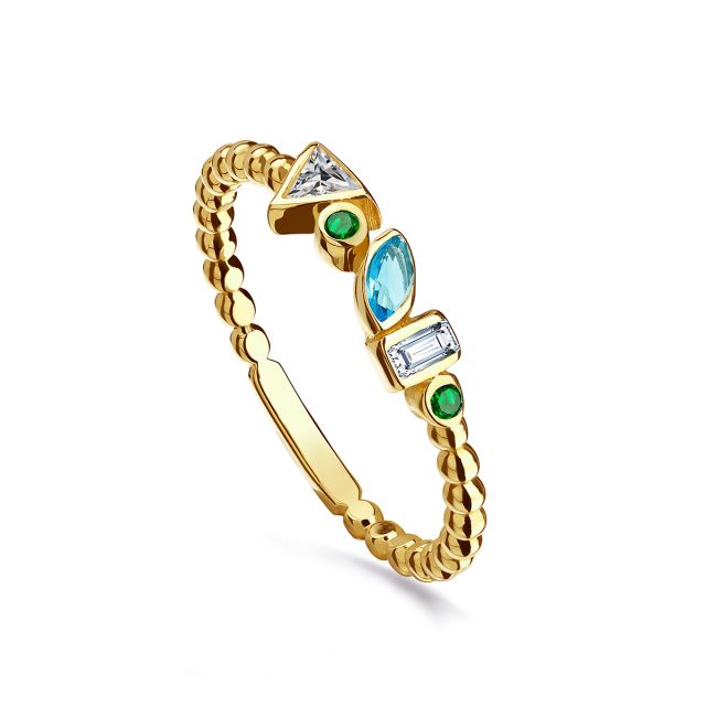 Inel din aur galben de 14K cu pietre cubic zirconia albastre, verzi și albe