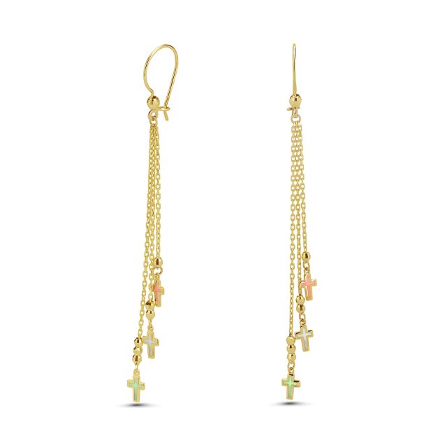 Cercei lungi din aur galben de 14K cu cruci cu email multicolor