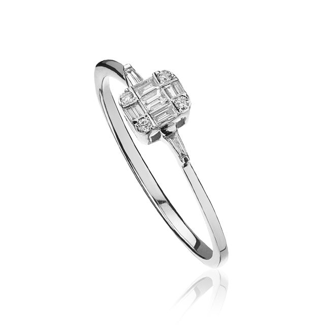 Inel din aur alb de 14K cu diamante baghetă și rotunde (0,16 ct)