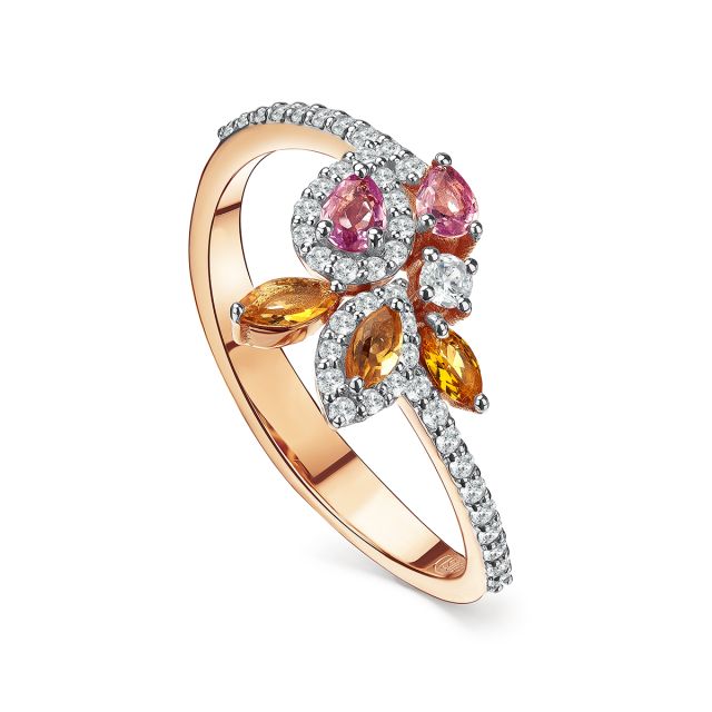 Inel din aur roz de 14K cu safire roz și galbene de laborator și diamante naturale