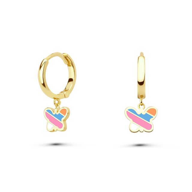 Cercei rotunzi pentru copii din aur galben de 14K cu fluture cu email multicolor