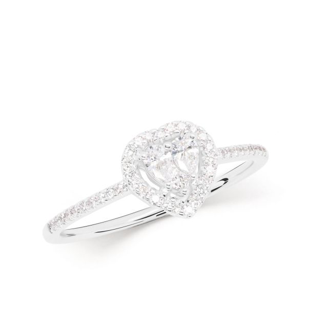 Inel din aur alb de 18K în formă de inimă cu diamante princess și lacrimă cu montură de tip iluzie (0,35 ct)