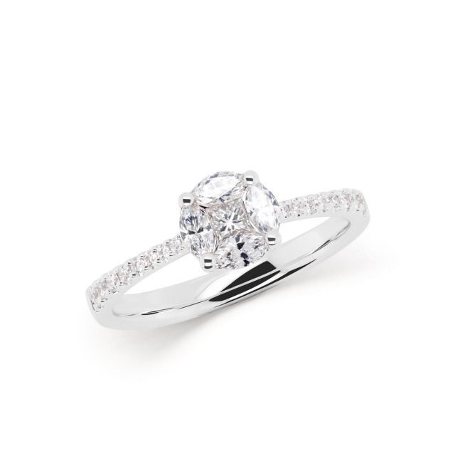 Inel din aur alb de 18K cu diamante princess și marchiză cu montură de tip iluzie (0,59 ct)
