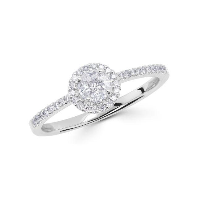 Inel din aur alb de 18K cu diamante princess și marchiză cu montură de tip iluzie (0,29 ct)