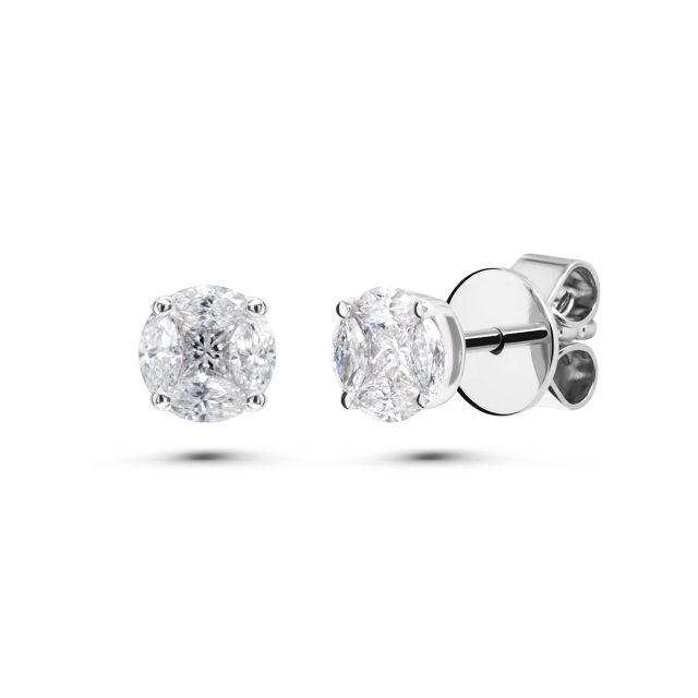 Cercei din aur alb de 18K cu diamante princess și marchiză cu montură de tip iluzie (0,48 ct)