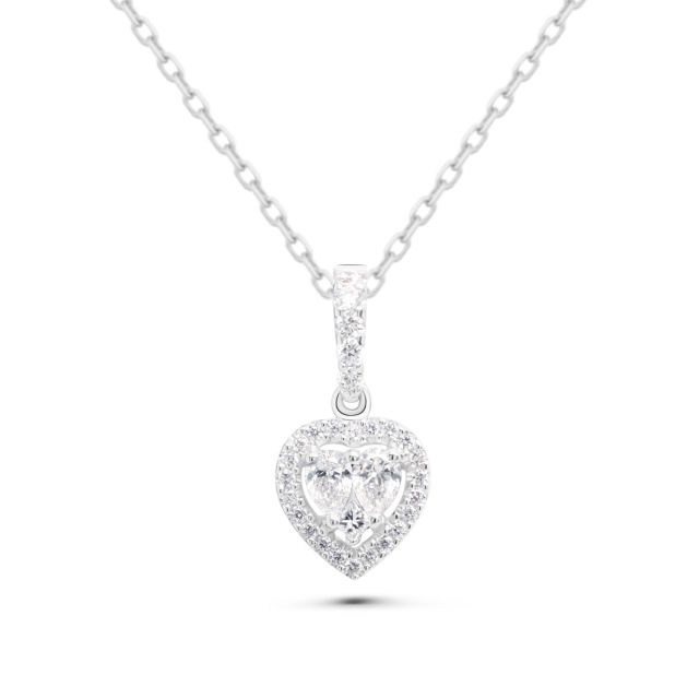 Pandantiv din aur alb de 18K în formă de inimă cu diamante princess și lacrimă cu montură de tip iluzie (0,36 ct)