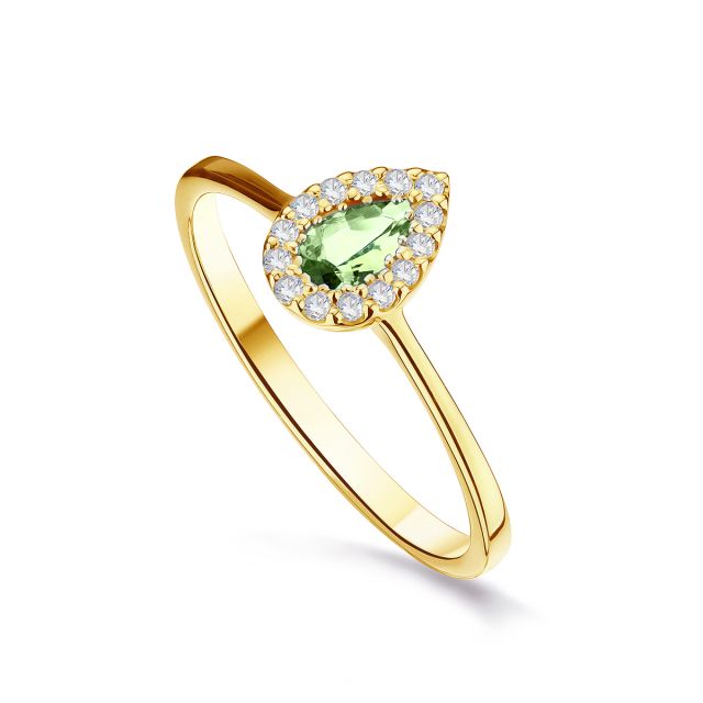 Inel din aur galben de 18K cu peridot lacrimă și diamante