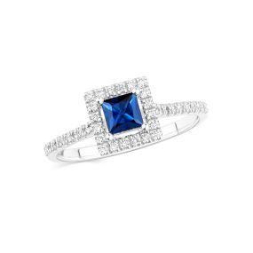 Inel Sophia Maxi din aur de 18K cu safir albastru închis cu tăietură princess și diamante rotunde