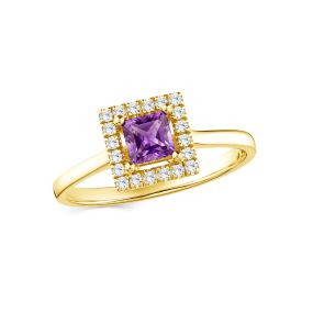 Inel Sophia Maxi din aur de 18K cu ametist cu tăietură princess și diamante rotunde