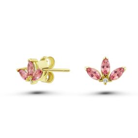Cercei Peony Mini din aur de 18K cu trei safire marchiză roz Padparadscha și diamante