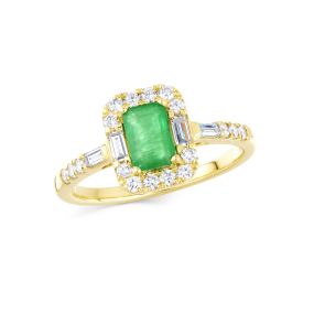 Inel din aur de 14K cu smarald cu tăietură emerald și diamante baghetă și rotunde