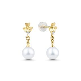 Cercei lungi cu floare din aur de 18K cu perle și diamante