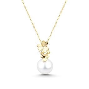 Colier cu floare din aur de 18K cu perlă și diamant