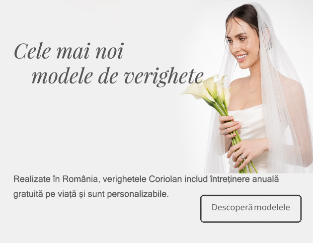 Cele mai noi modele de verighete. Realizate în România, verighetele Coriolan includ întreținere anuală gratuită pe viață și sunt personalizabile. Descoperă modelele.